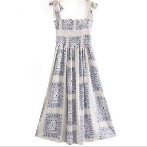 Blue& white geometric smocked tie shoulder dress